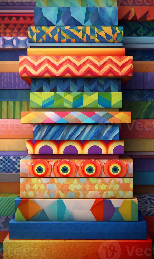A Towering Display of Artistic Expression Stacked shapes create a mesmerizing visual feast for the eyes rich patterns photo