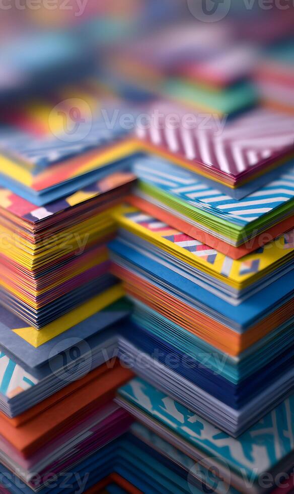 Vibrant stacks of patterned paper showcasing a playful and colorful arrangement of creative material arts photo
