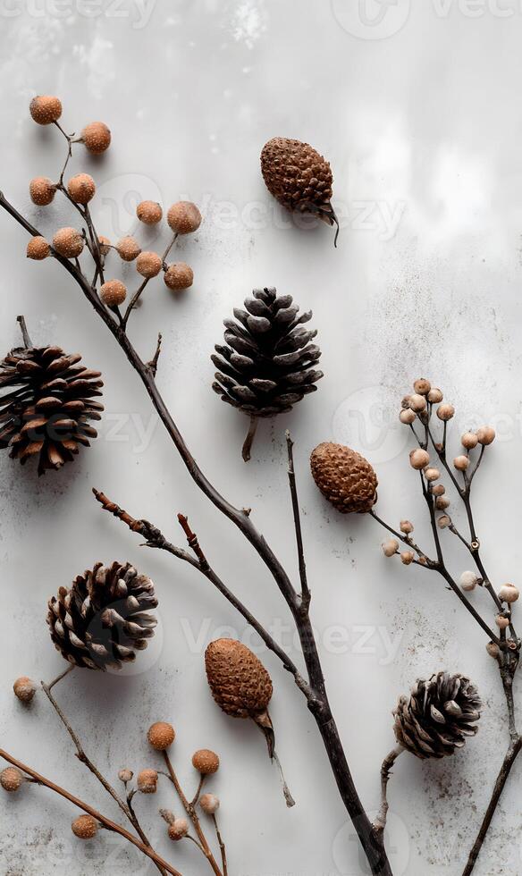 Autumnal Arrangement Featuring Pine Cones and Berry Branches on a Textured White Background Minimalist Style photo