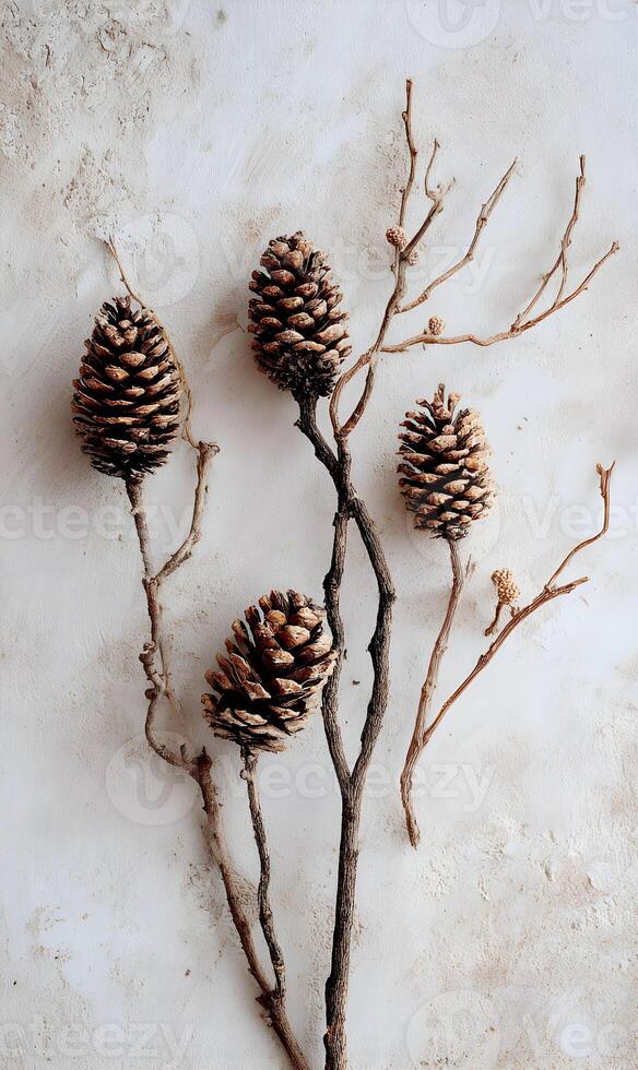 Elegant autumnal composition featuring textured pine cones and delicate bare branches creating a serene atmosphere photo