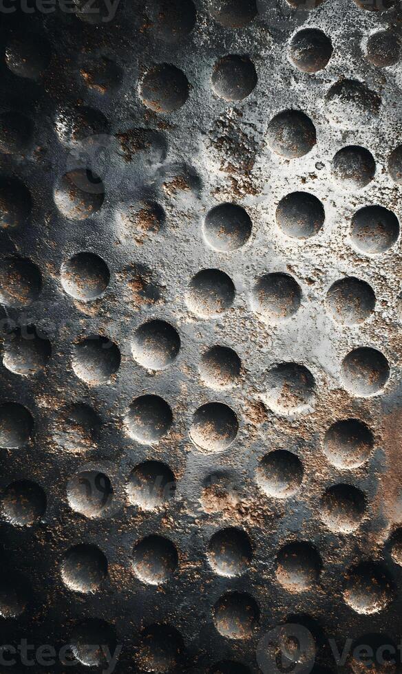 Detailed close up of a weathered metal surface with a pattern of recessed circles showing signs of age and wear with textures photo