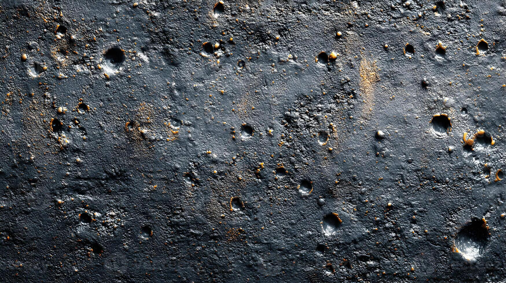 Rough dark surface with numerous small craters and imperfections creating a unique texture and detail photo