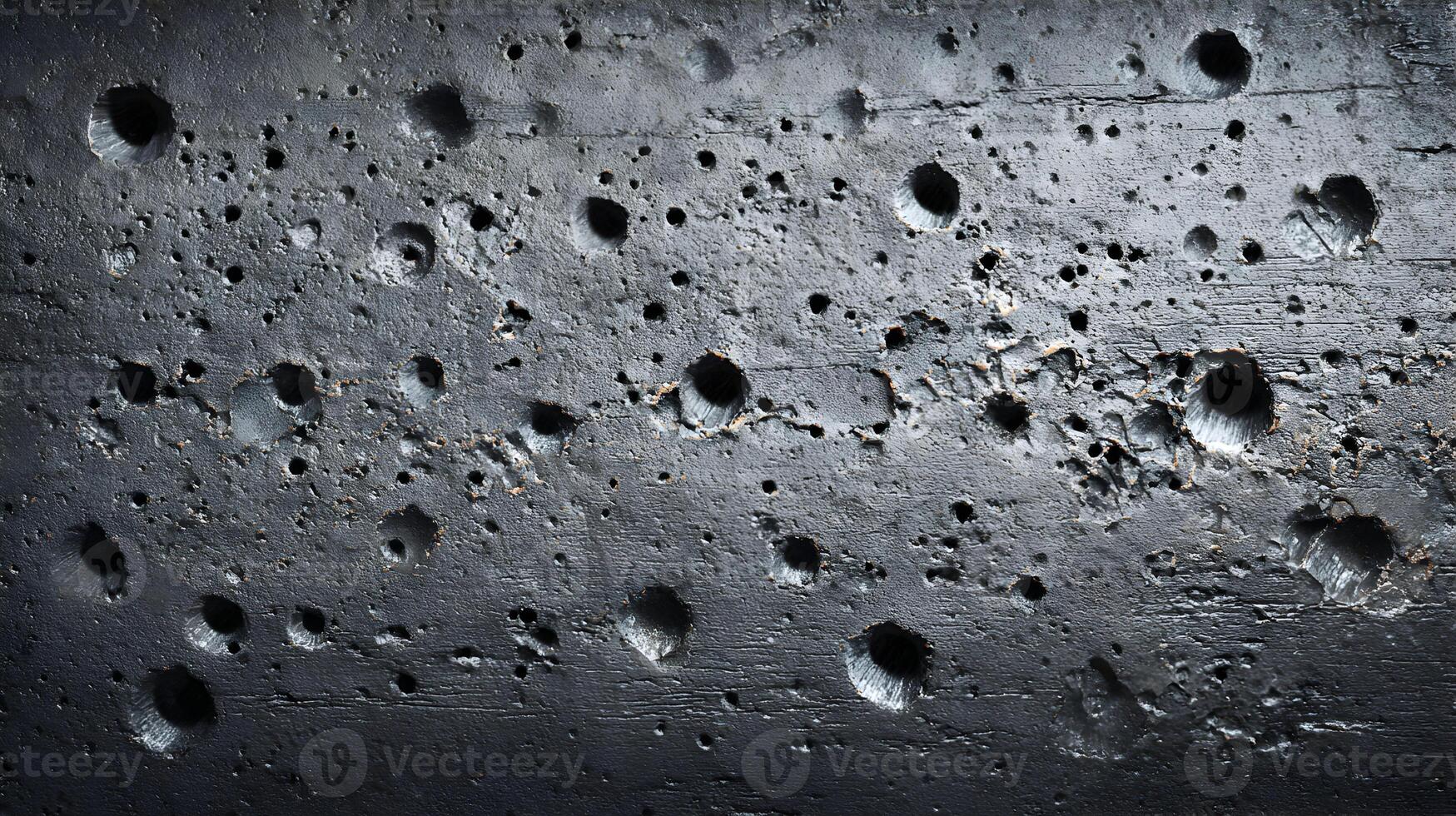 Textured black stone surface displaying numerous holes and imperfections creating an abstract pattern photo