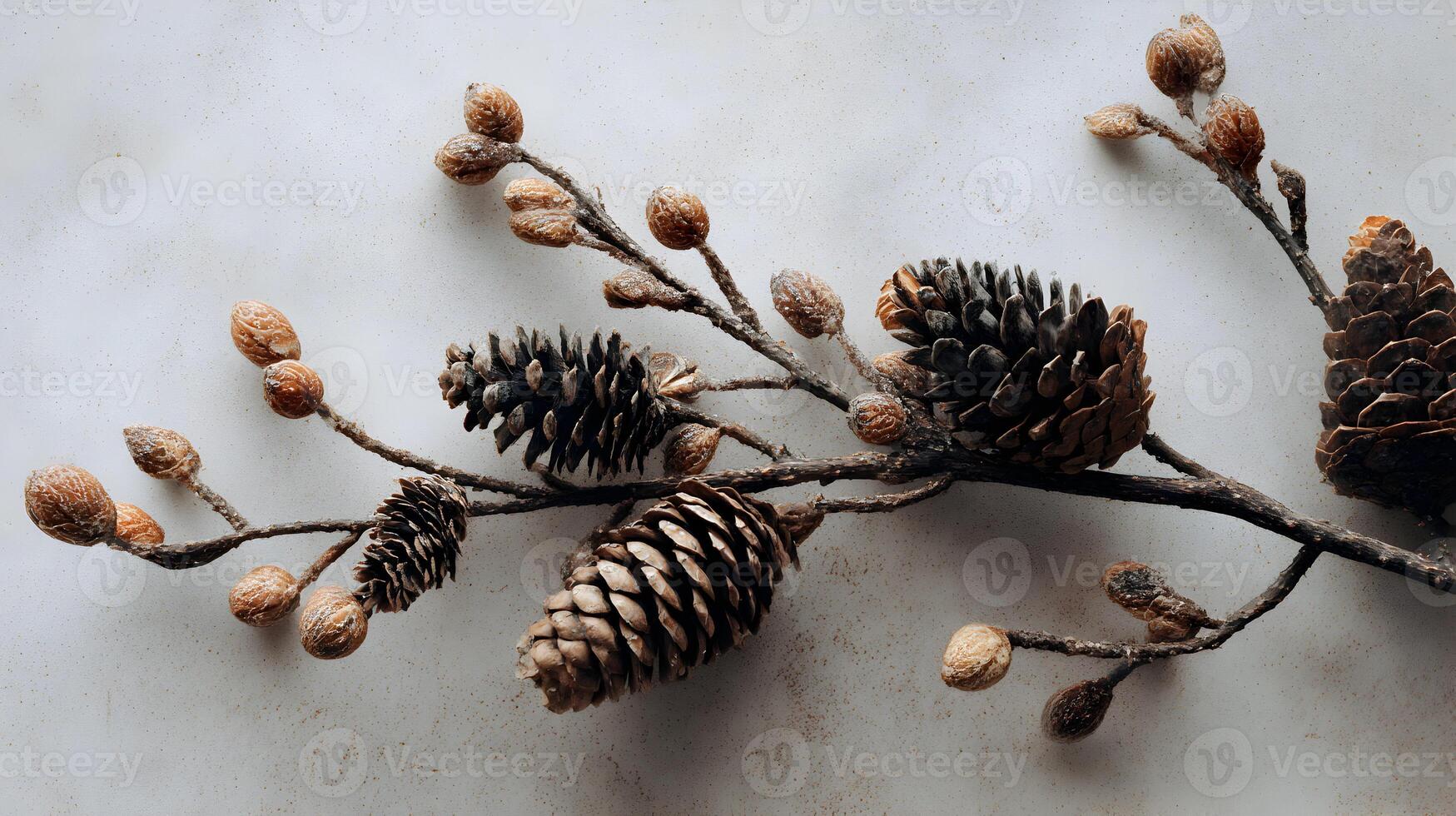 A harmonious blend of rustic charm featuring pine cones and dried buds delicately arranged on a branch photo