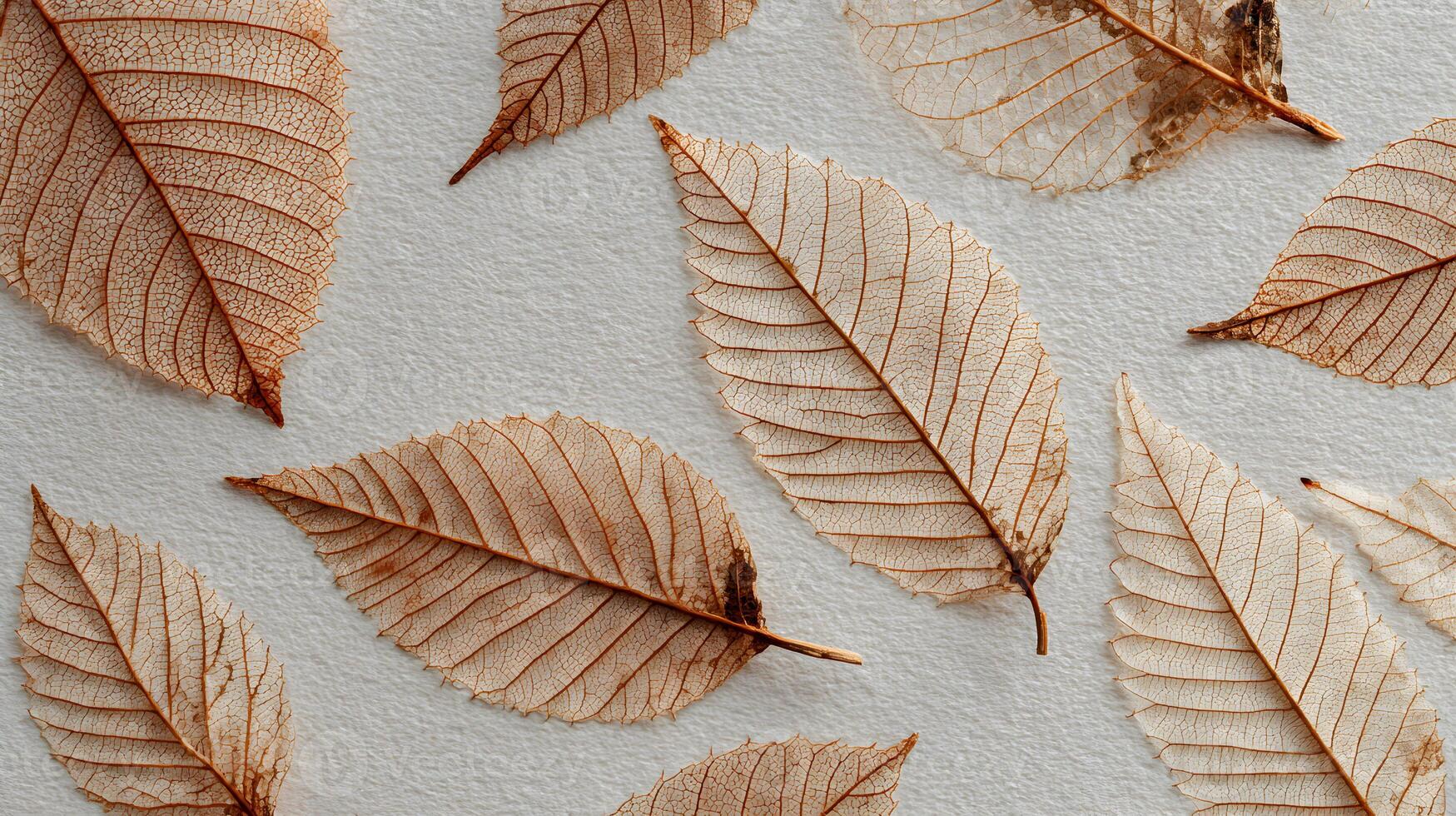 Delicate beauty of dried autumn leaves showcasing intricate venation patterns against textured background photo
