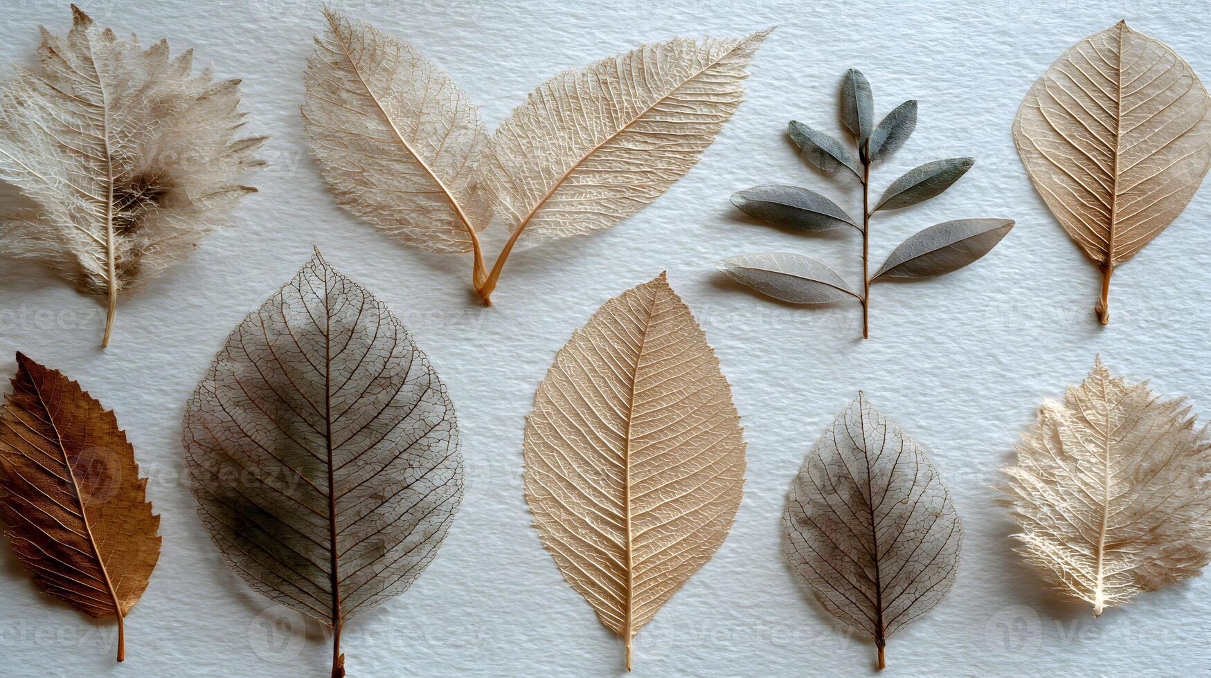 Delicate beauty of dried autumn leaves showcases intricate details and earthy tones on soft background photo