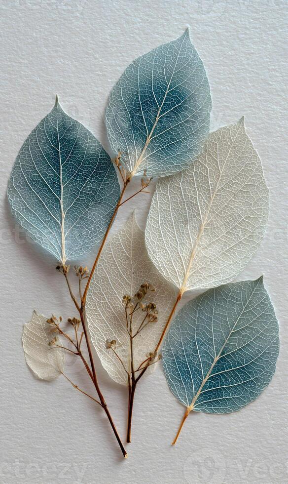 Delicate beauty of skeletonized hydrangea leaves in blue and white hues on a subtle backdrop creating a serene aesthetic photo