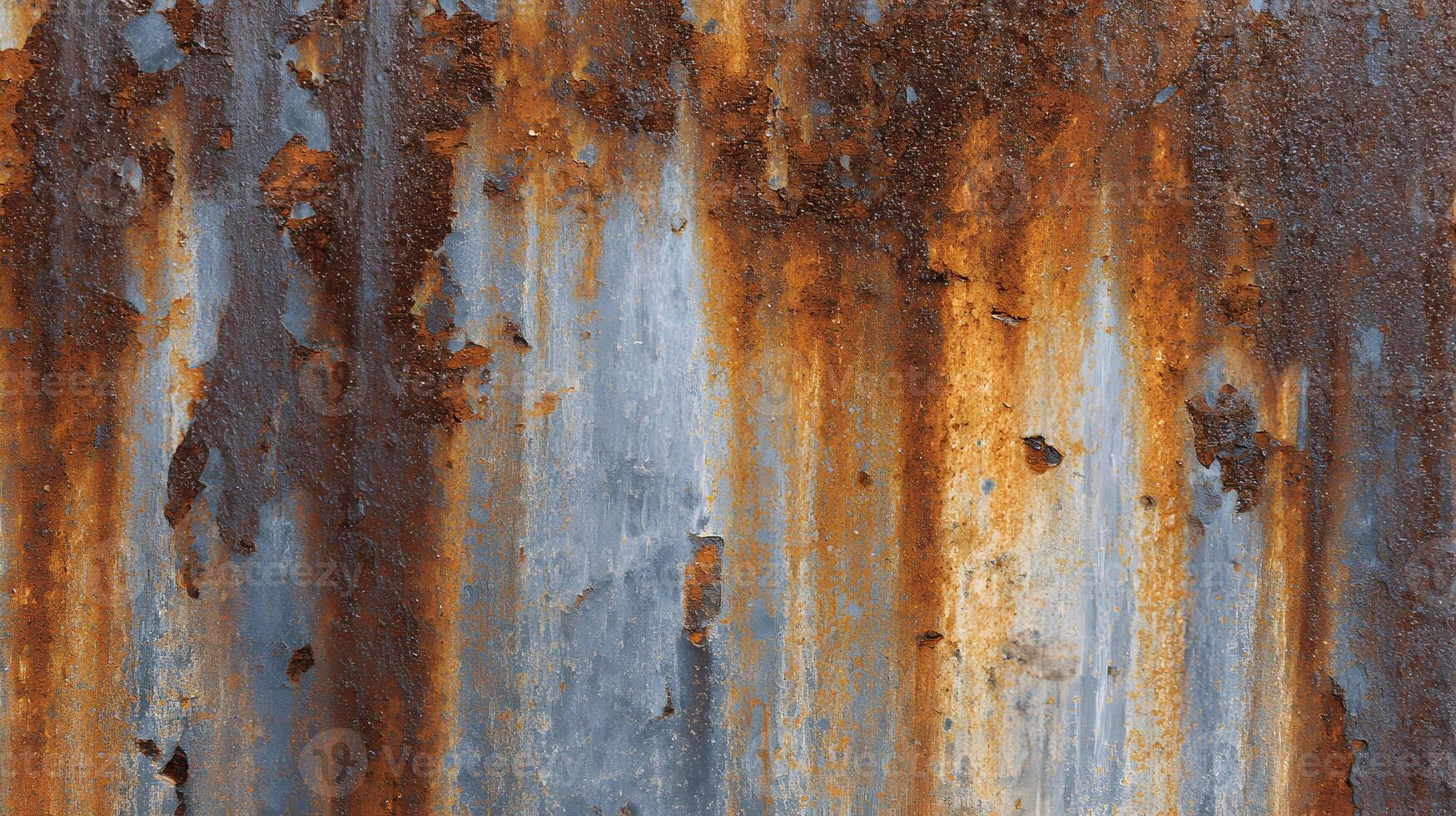 A weathered and decaying corrugated metal panel displaying orange rust and peeling gray paint texture photo