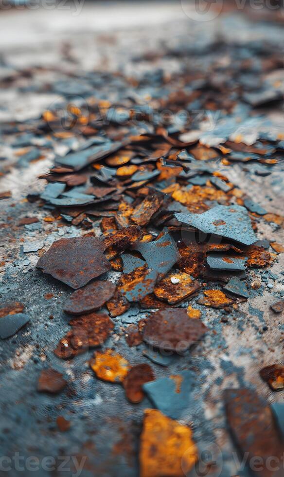 Close up capturing the textural details of rusted metal fragments creating a unique abstract surface weathered and worn down photo