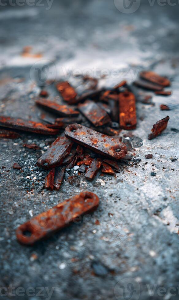 Rusting remains of metal hardware scattered across aged concrete surface, a visual representation of decay and the effects of time photo