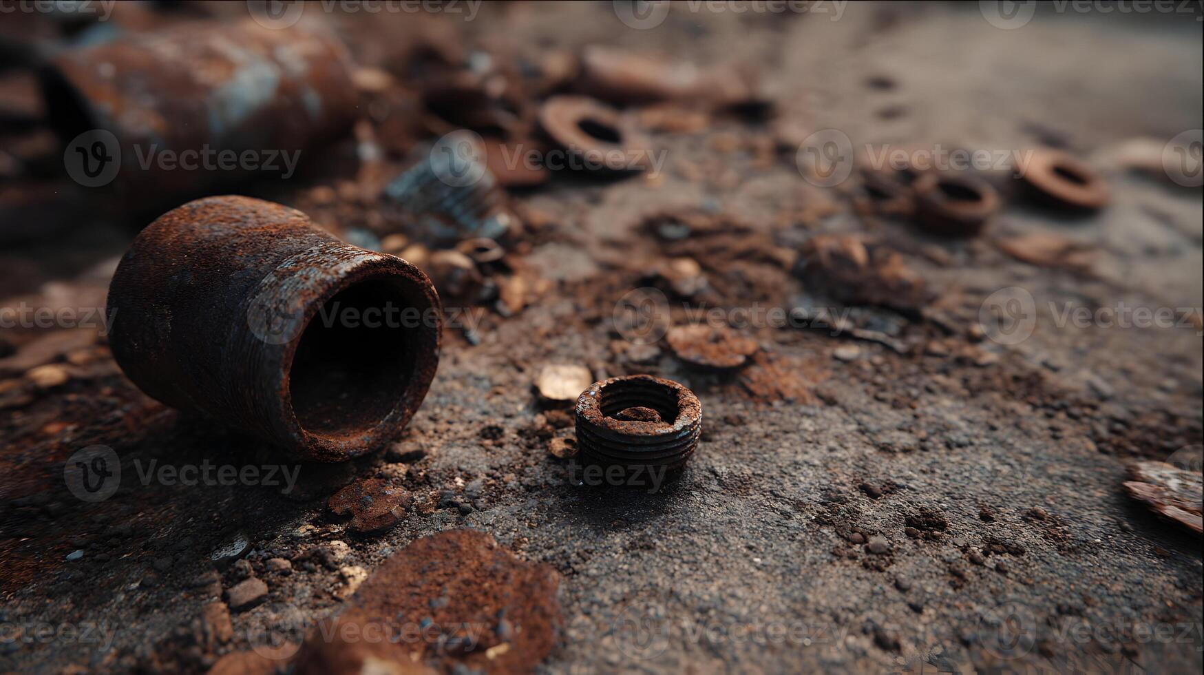 Close up of rusty metal objects scattered on the ground displaying aging and decay in an urban area photo