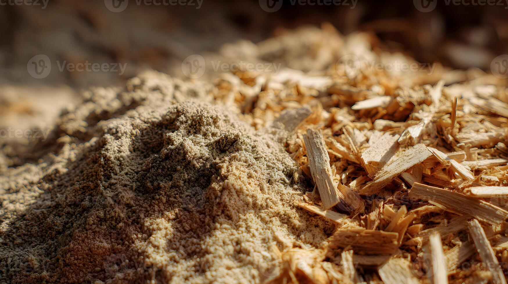 A close up image showcasing a pile of freshly produced sawdust and wood shavings in natural light photo
