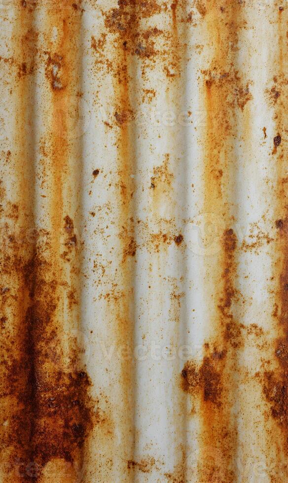 Detailed close up capturing the textures and patterns of an aged rusty corrugated metal surface showing degradation photo