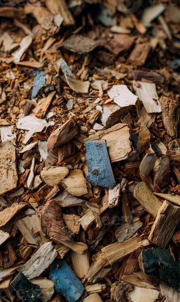 Close up wood chips and shavings detail showcasing natural texture earthy tones and organic wood photo