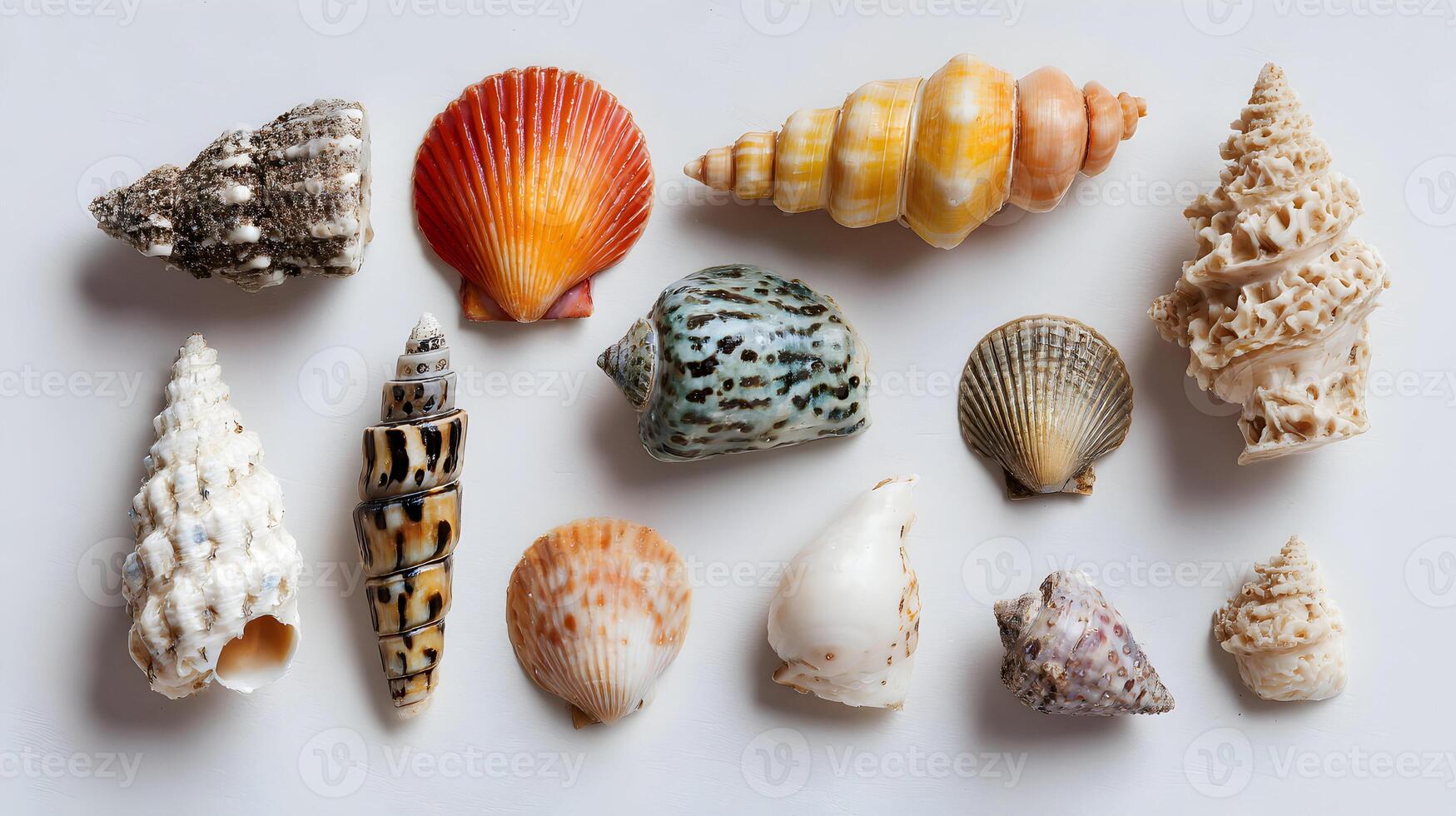 Collection of Seashells Displaying a Variety of Shapes Sizes and Textures Against a White Background photo