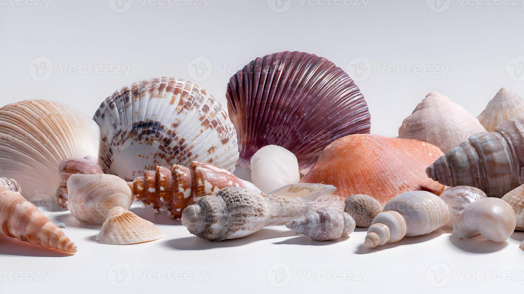 Assortment of colorful seashells showcases nature's intricate designs and delicate textures on clean background photo
