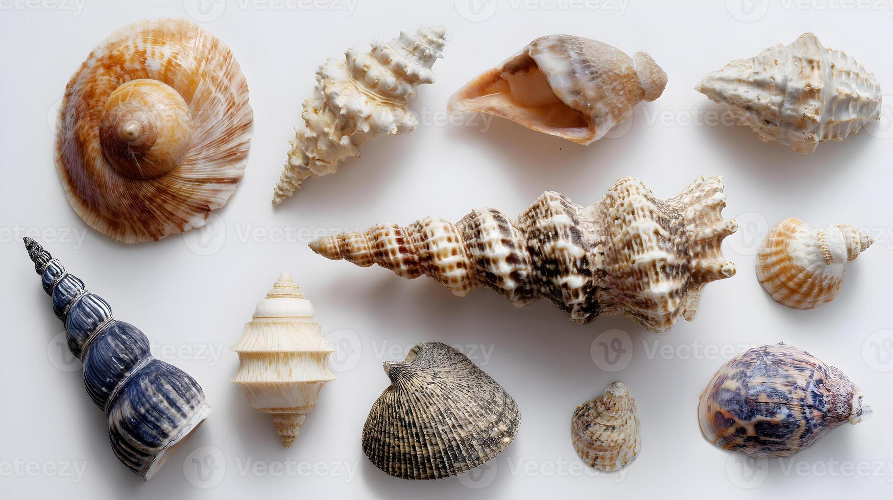 A captivating collection of seashells showcasing diverse shapes patterns and textures found in marine life photo