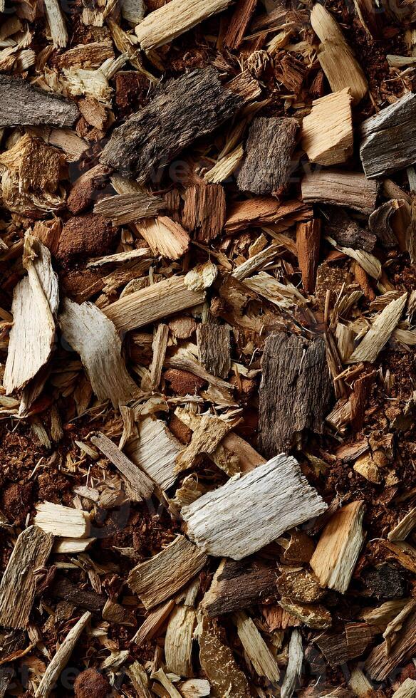 Wood chip texture showcasing natural browns and varied shapes perfect for rustic themed design elements photo