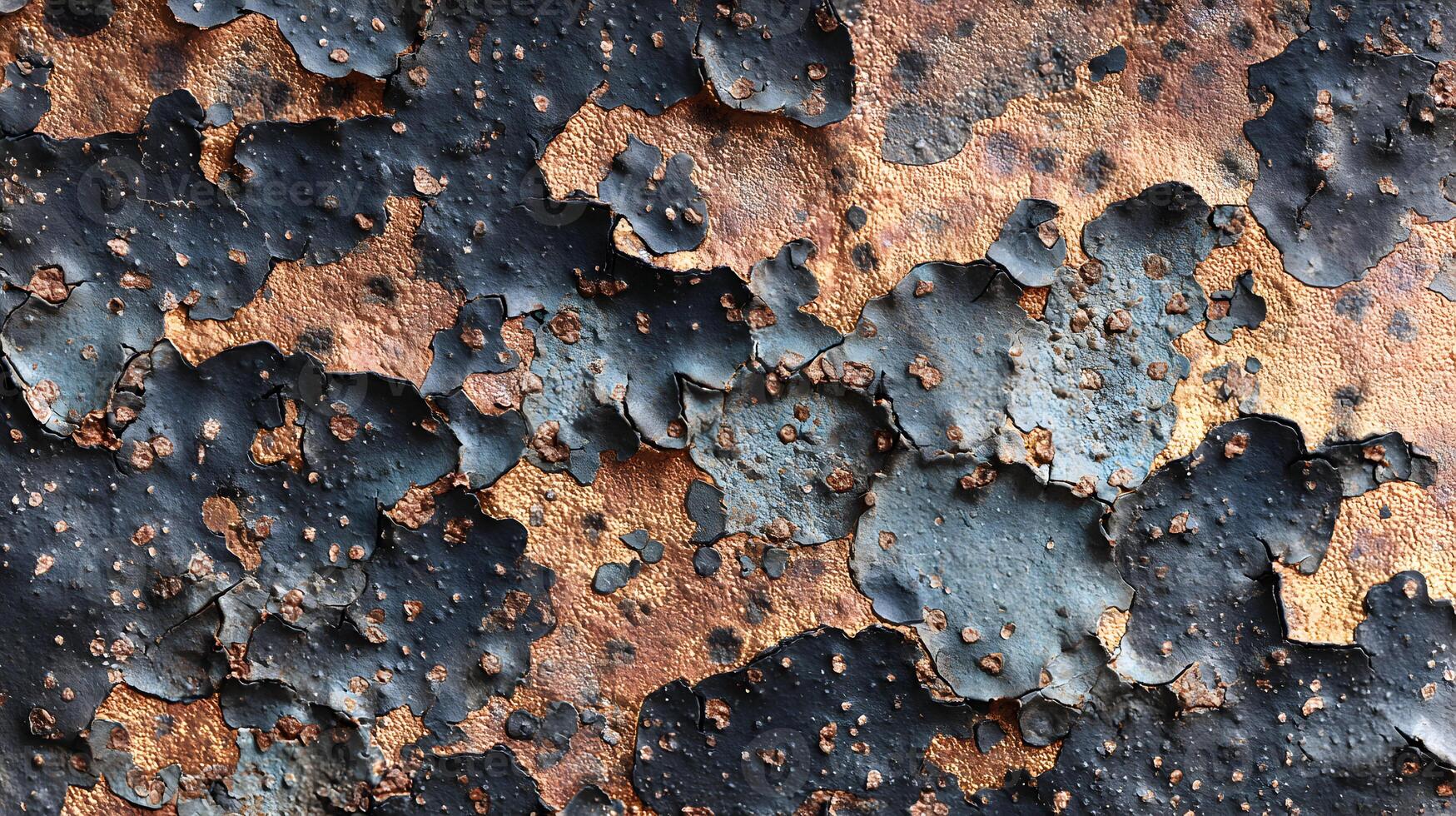 Dramatic metallic background showcases peeling paint layers in dark blues and bronze hues for striking texture photo