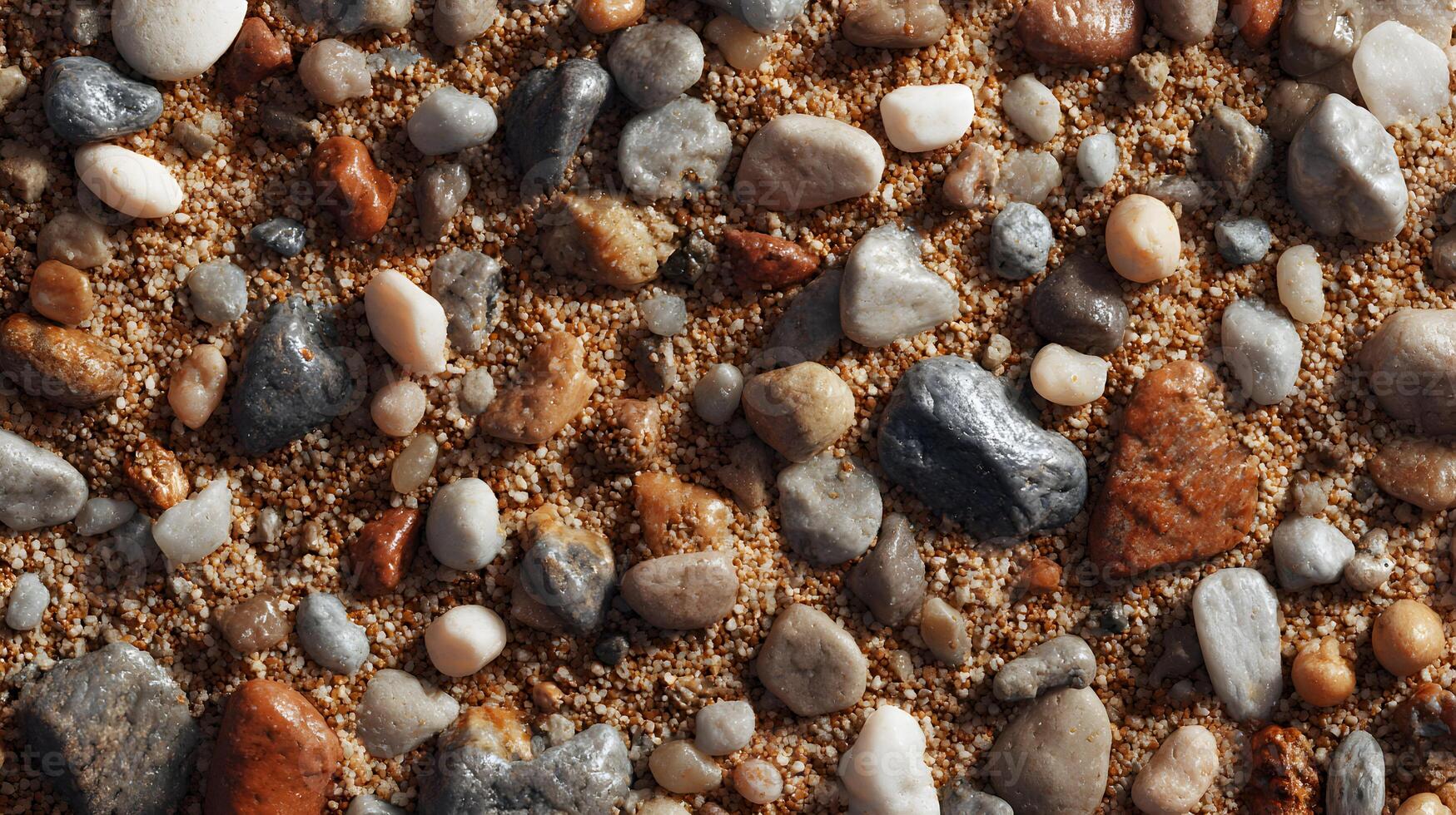 A captivating top down view showcases a dense collection of pebbles nestled within golden sand photo