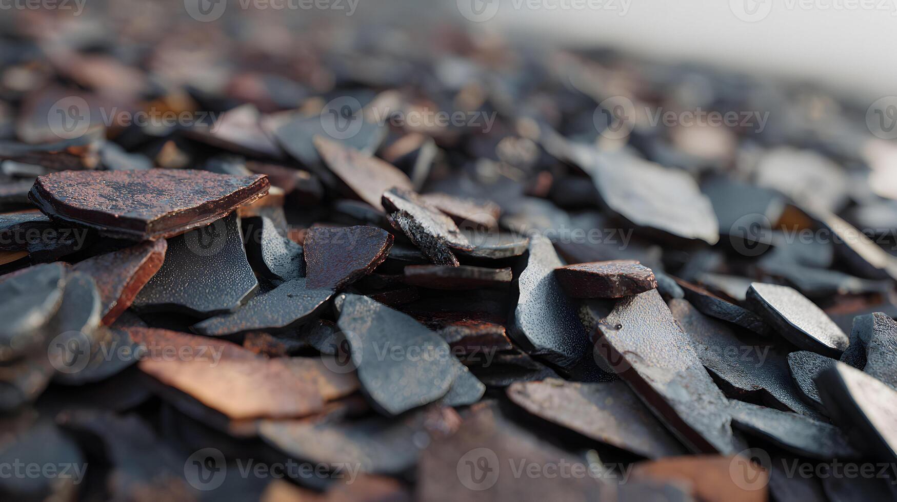 Close up of shattered rock fragments creating a textured surface with varying shades and tones photo