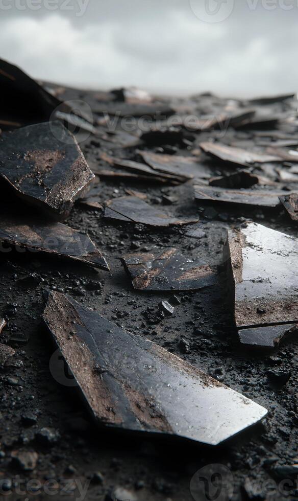 Shattered landscape a monochrome symphony of broken slate tiles under a somber sky revealing a desolate tableau photo