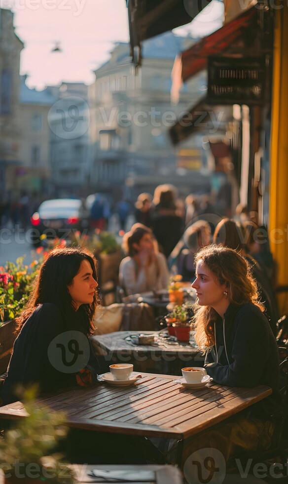 Candid capture of two young women enjoying a sunny afternoon conversation at an outdoor cafe setting serenity photo