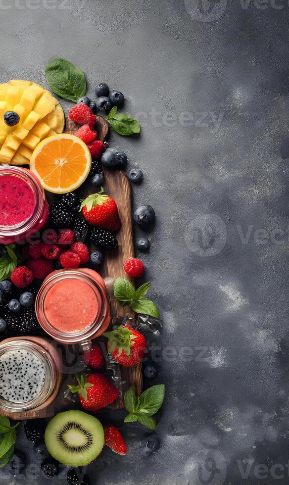 Assortment of colorful smoothies and fresh fruits on a dark moody background creating a vibrant and healthy presentation photo