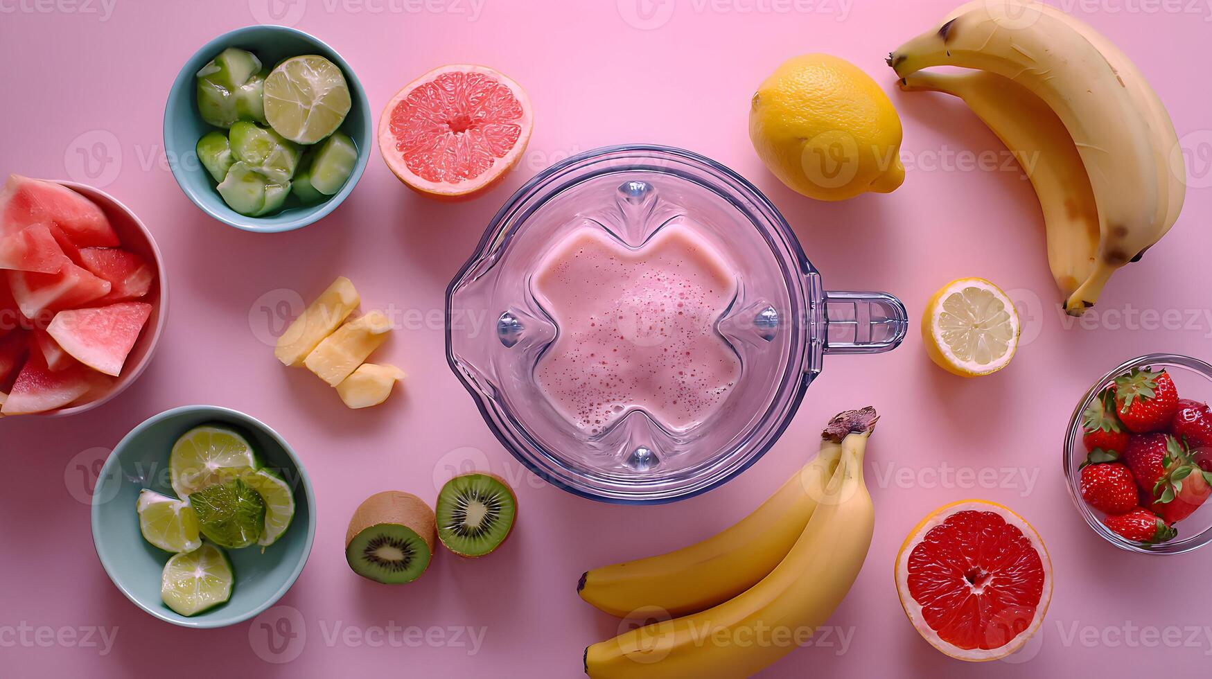 Fresh and vibrant smoothie preparation with an array of colorful fruits on a pink backdrop creating a healthy aesthetic photo