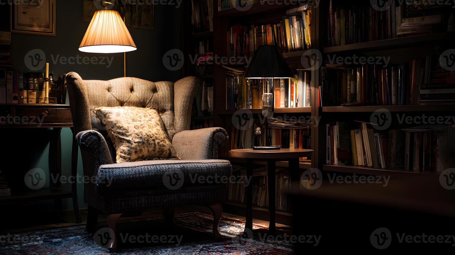 Cozy armchair in a library with warm lighting creating a quiet and inviting atmosphere for relaxation photo