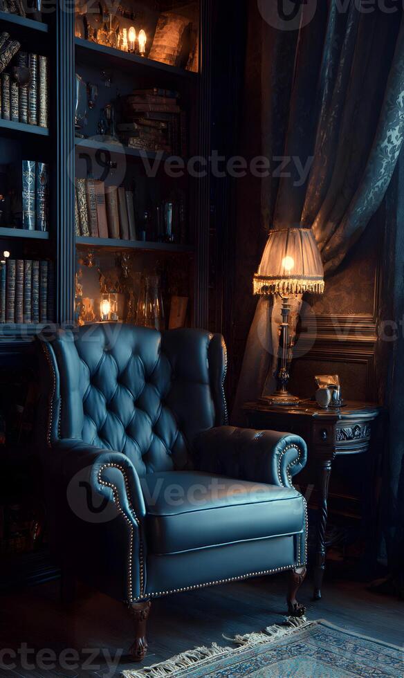 Inviting ambiance vintage reading nook features cozy armchair warm lamplight and curated bookshelf collection creating timeless atmosphere photo