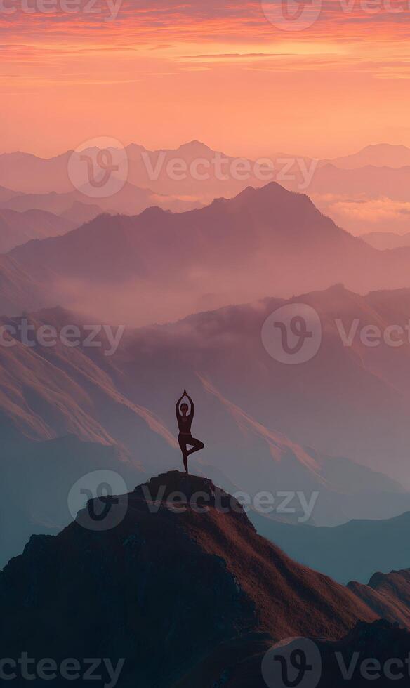 Serene yoga practice atop majestic mountains at dawn in natural peaceful surrounding atmosphere and wellbeing photo