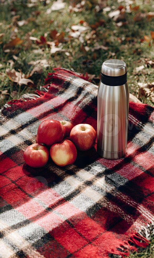 Autumn picnic with fresh apples and a thermos on a cozy red plaid blanket in the park sunlit photo
