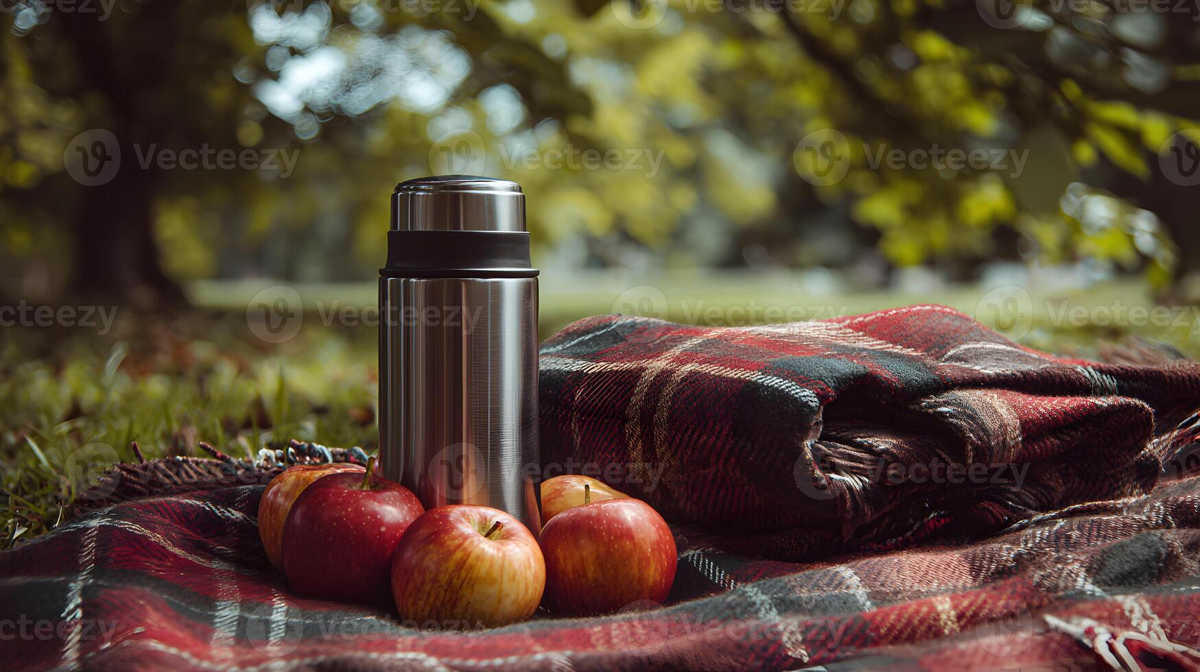A picnic setup with apples, a thermos and a cozy blanket evokes warmth and autumnal mood outdoors photo