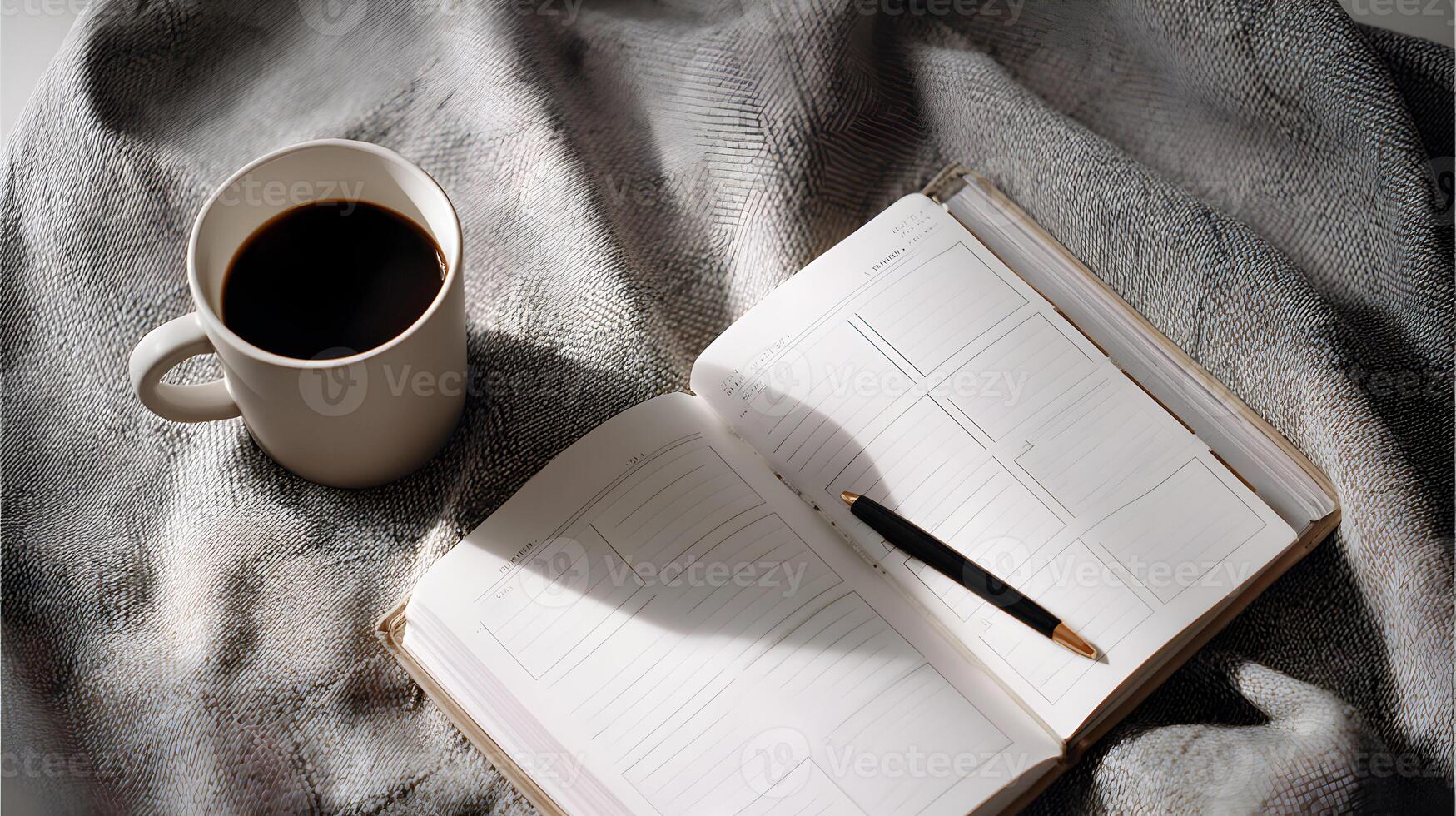 Cozy morning scene featuring an open notebook with a pen and a cup of black coffee on a soft blanket photo