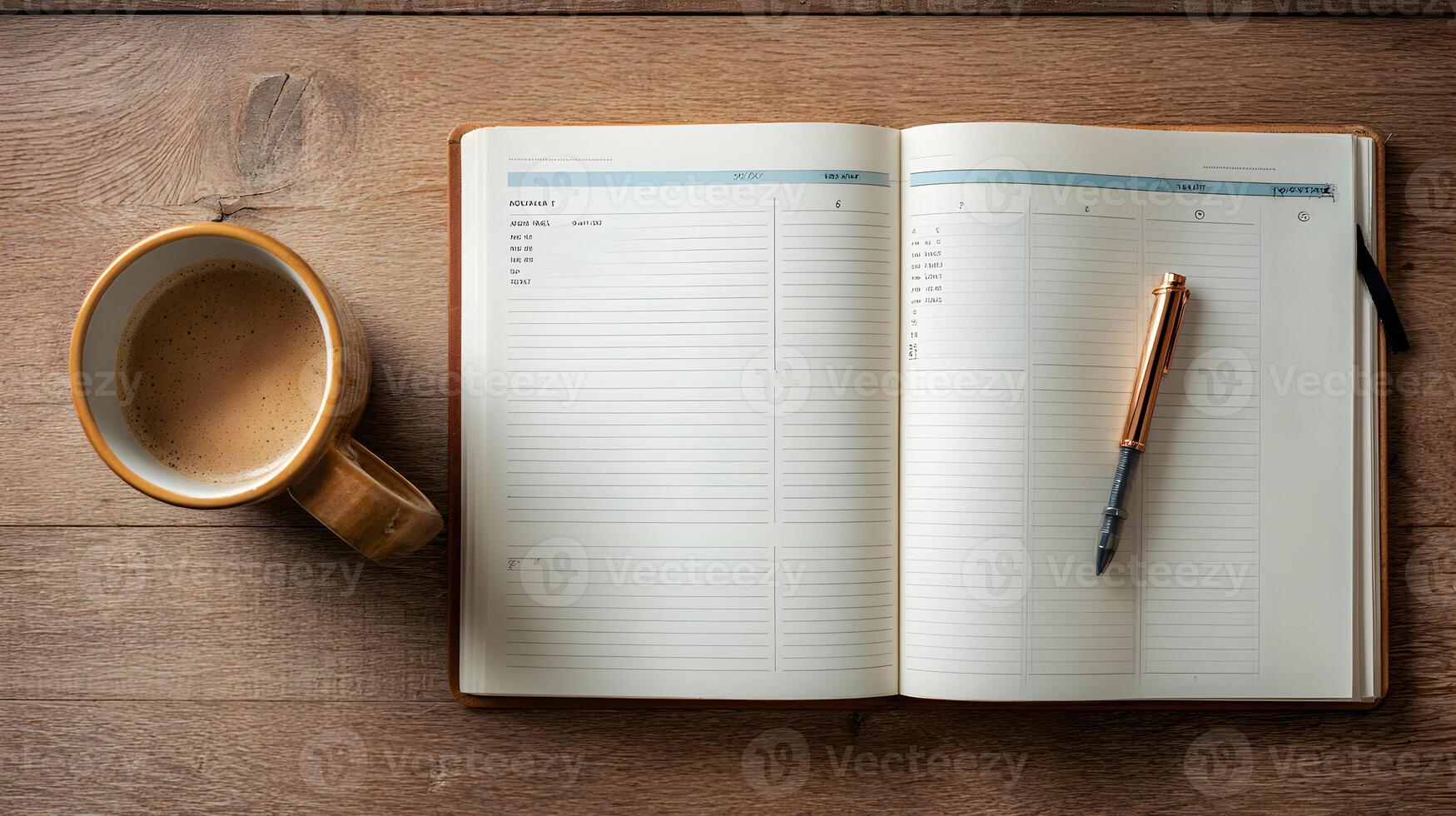 Open planner on a wooden desk with a cup of coffee and a pen ready for scheduling and planning photo