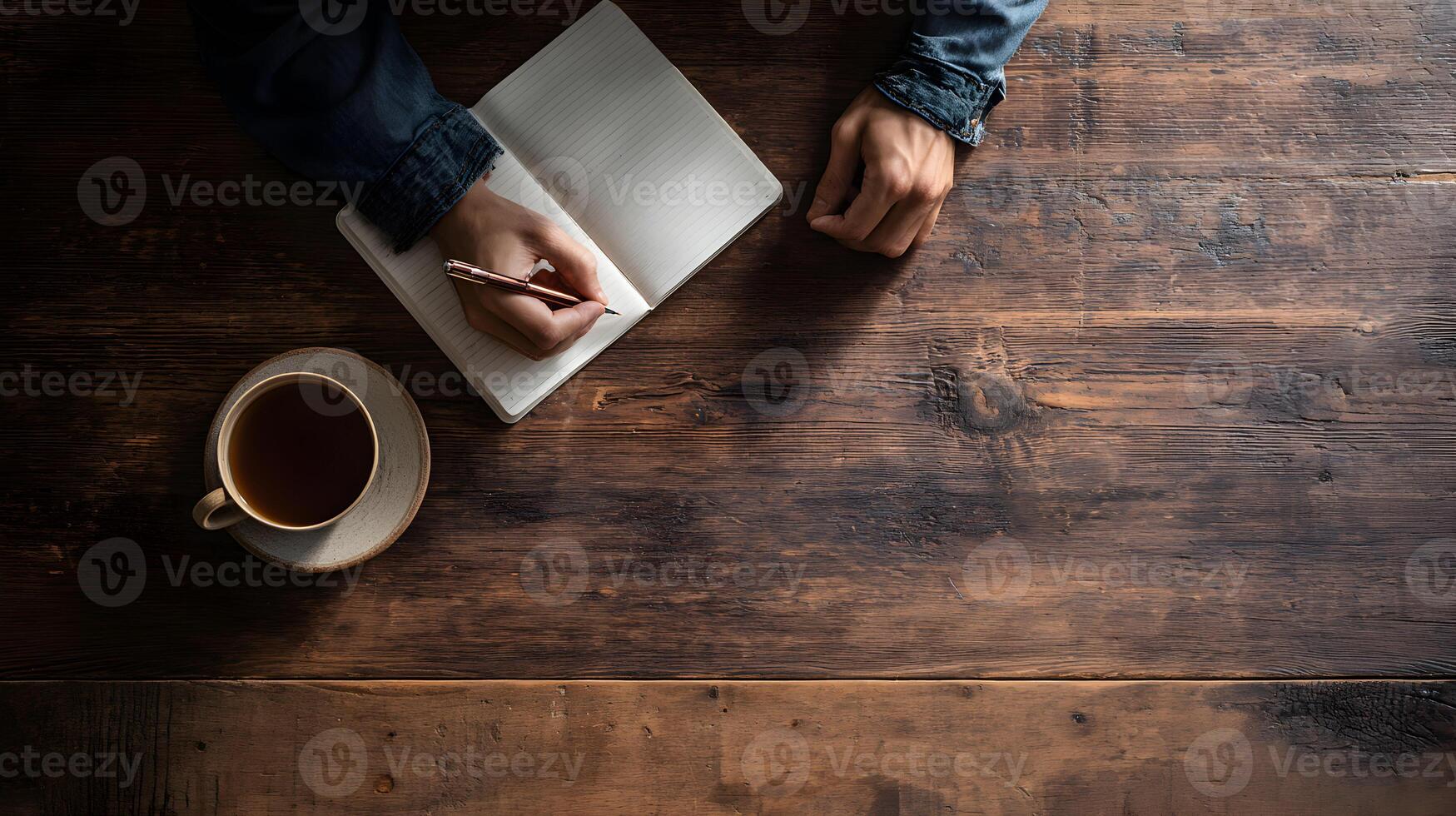 Creative workspace view of writing in journal with coffee cup inspiration concept productivity photo