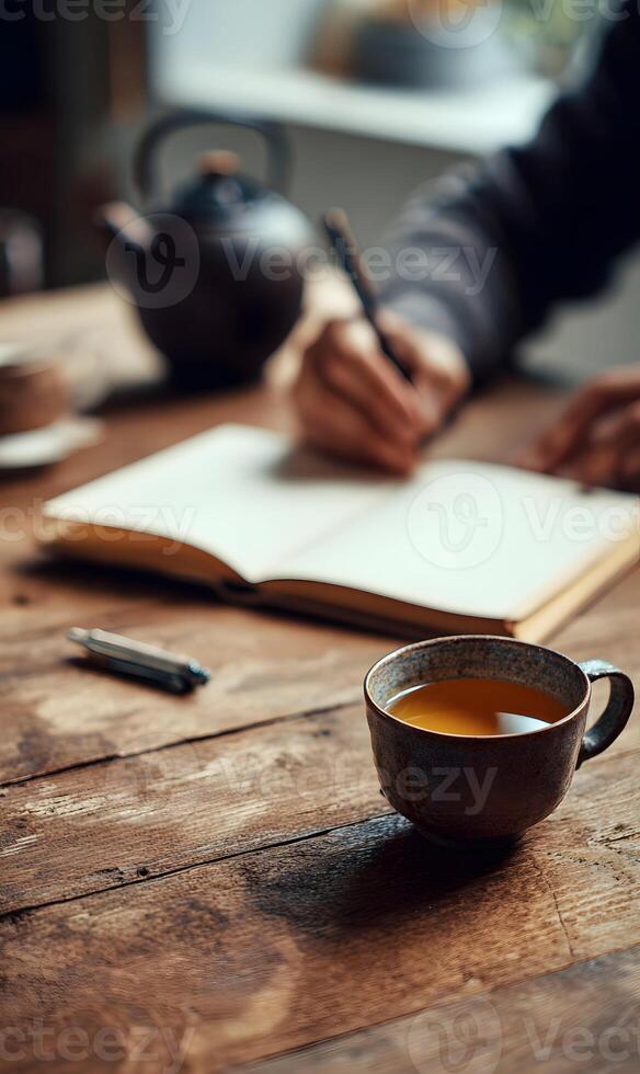 Morning ritual of writing and tea creating a peaceful start to the day in a cozy atmosphere of serenity photo