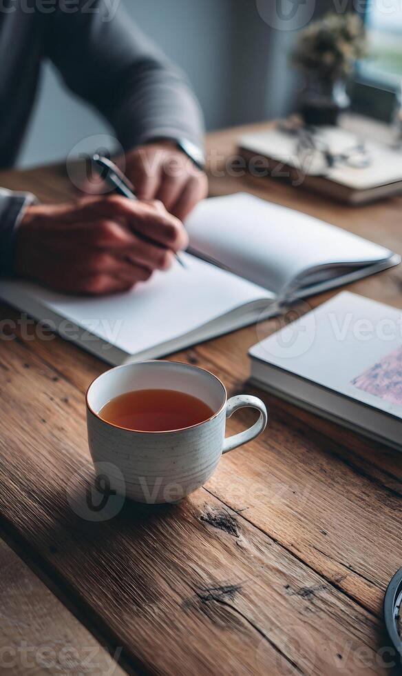 Creative workspace featuring a writer immersed in thoughts with tea on a rustic wooden table surface photo