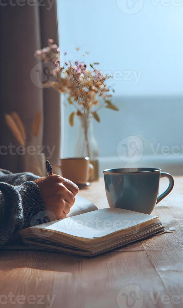 Cozy morning journaling with coffee and flowers by the window enjoying a peaceful home retreat photo