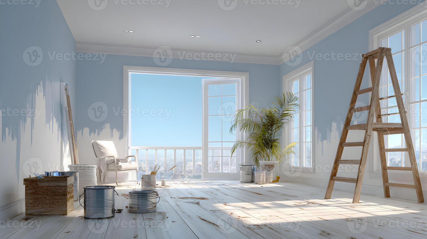 A bright airy room undergoing renovation with blue walls a ladder and an open balcony door photo