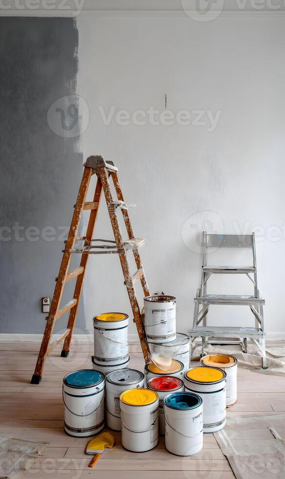 Interior transformation painting project with ladder and colorful paint cans for house improvement and renovation photo