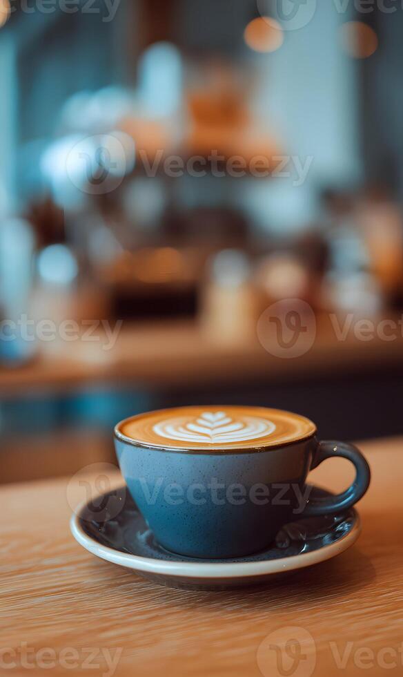 Elegant coffee art on a table inviting warmth and tranquility in a blurred cafe backdrop scene displaying sophistication photo