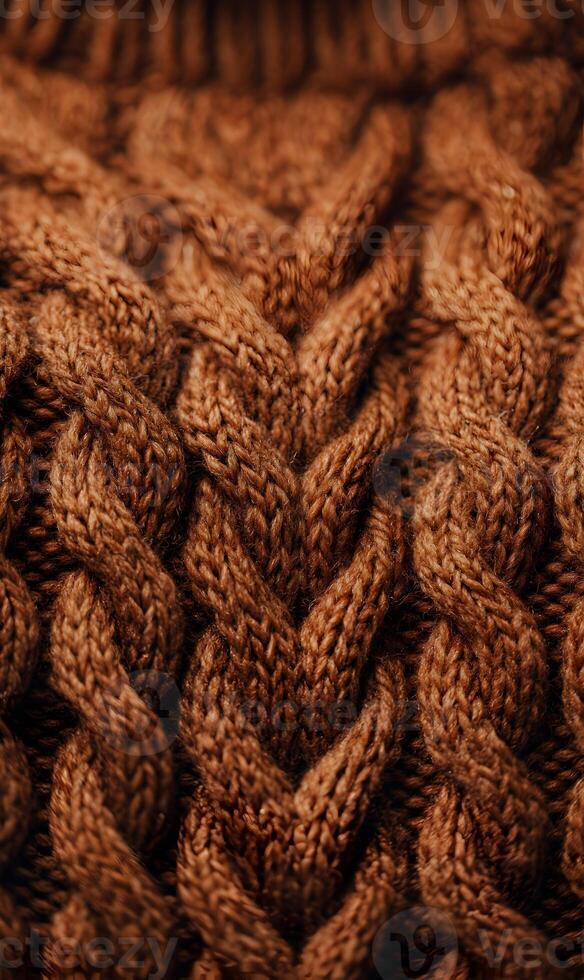 Detailed brown knitted wool texture showcasing intricate braids perfect for backgrounds and designs creating warmth and comfort photo