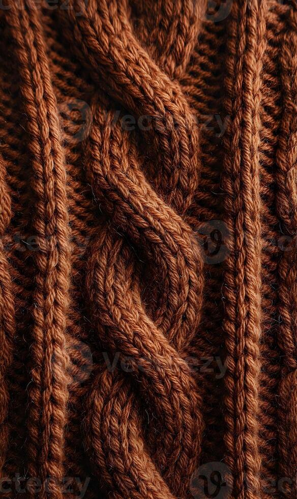 Detailed shot of knitted brown wool showcasing intricate cable patterns and warm earthy tones creating a cozy texture photo