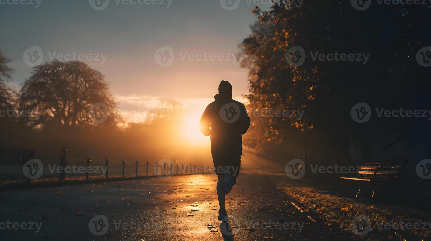 Silhouette of a lone runner embraces the golden sunrise in a misty park promoting health and wellness photo