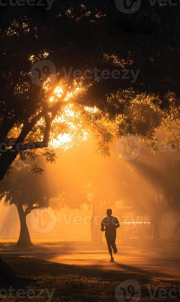 Silhouette of a runner in a park enveloped by golden sunlight during early morning workout freshness photo