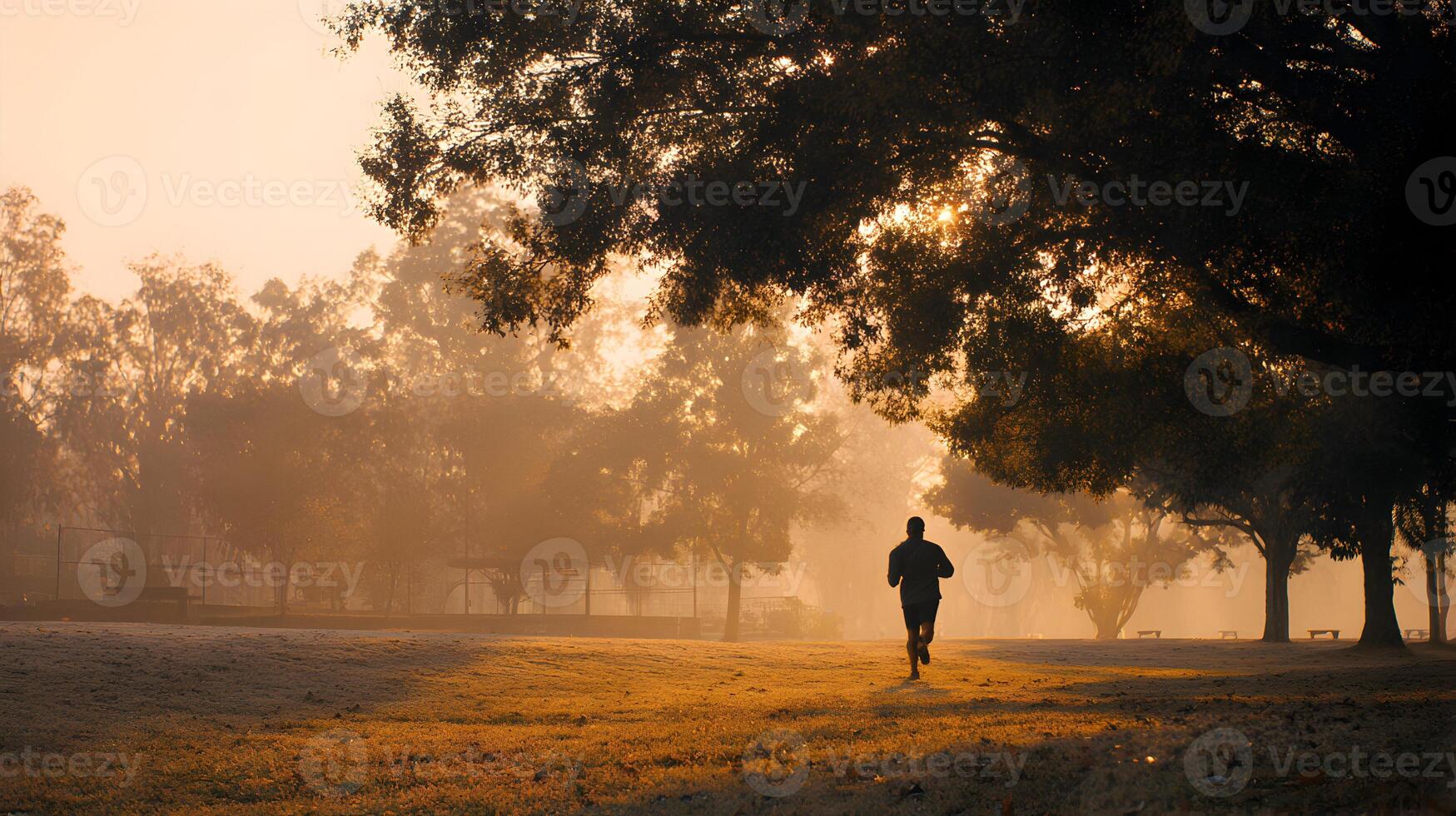 Man running through golden sunlit park on a misty morning for health and fitness routine photo