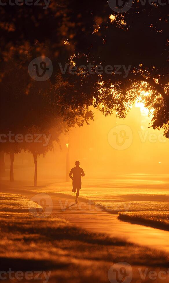 Silhouette runner achieving fitness goals jogging through misty twilight park environment during golden hour photo