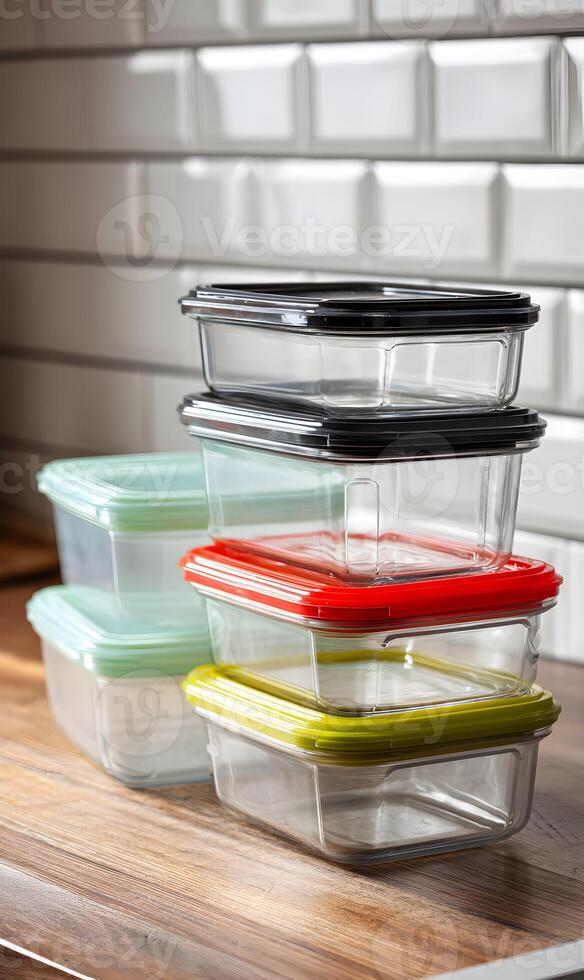 Stack of colorful food containers sitting on a wooden countertop against a tiled white backsplash indoors photo